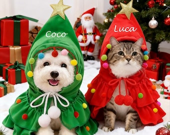 May include: A dog and a cat wearing Christmas tree costumes. The dog is in a green costume with the name "Coco" on it, and the cat is in a red costume with the name "Luca" on it. Both costumes have a gold star on top.