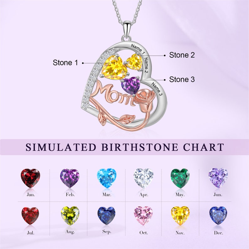 Custom Mom Heart Birthstone Necklace for Mothers Day Gits, Mom Necklace, Engraved 1-4 Names Heart Pendant Necklace,Family, Gifts for Her 3