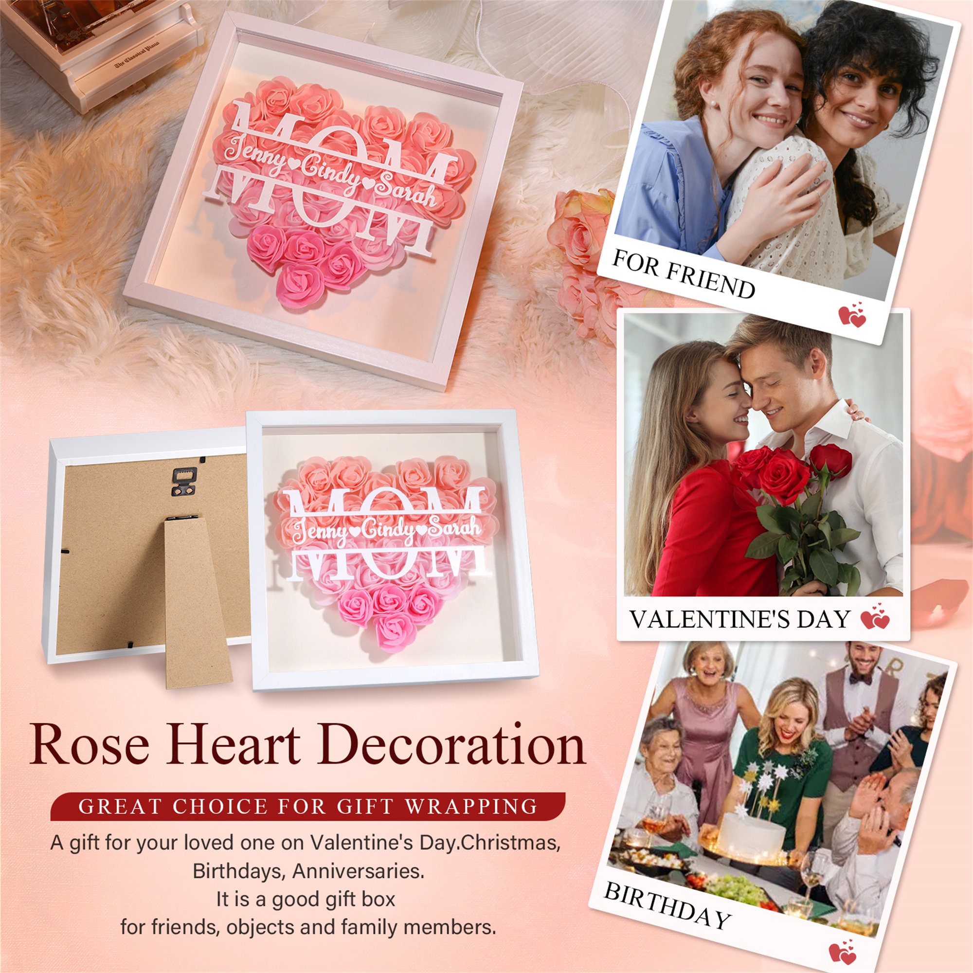 Personalized Roses Heart Shadow Box for Mom, Custom Flower Shadowbox ...