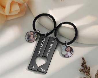 Custom Matching Keychain, Couple Keychain with Photo, Engraved Keychain, Valentine's Day Gift for Boyfriend Girlfriend, Couple Keychain Set
