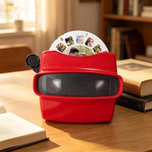 Puede incluir: Un visor rojo con un ocular negro y un carrete de fotos circular. El visor está sobre una superficie de madera, con un libro abierto y una pila de libros en el fondo. El carrete de fotos muestra varias fotos familiares.