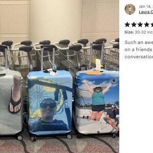 May include: Four rolling suitcases with custom covers, each featuring a unique image. One shows a person snorkeling, another has feet in flip-flops, a third displays a person with sunglasses, and the last has a person with arms raised. The suitcases are 30-32 inches.