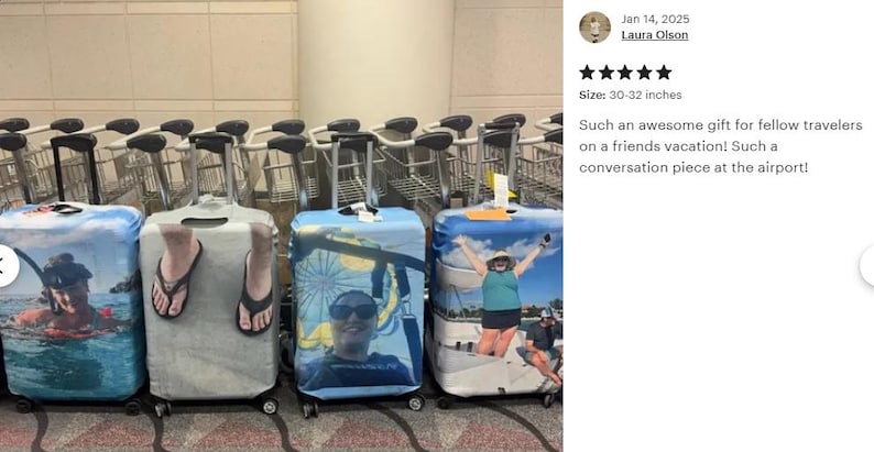 May include: Four rolling suitcases with custom covers, each featuring a unique image. One shows a person snorkeling, another has feet in flip-flops, a third displays a person with sunglasses, and the last has a person with arms raised. The suitcases are 30-32 inches.