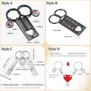 May include: Four different styles of keychains with customizable options. Each keychain features a heart shape, a date, and a name or initials. The keychains are made of stainless steel and come in a variety of colors.