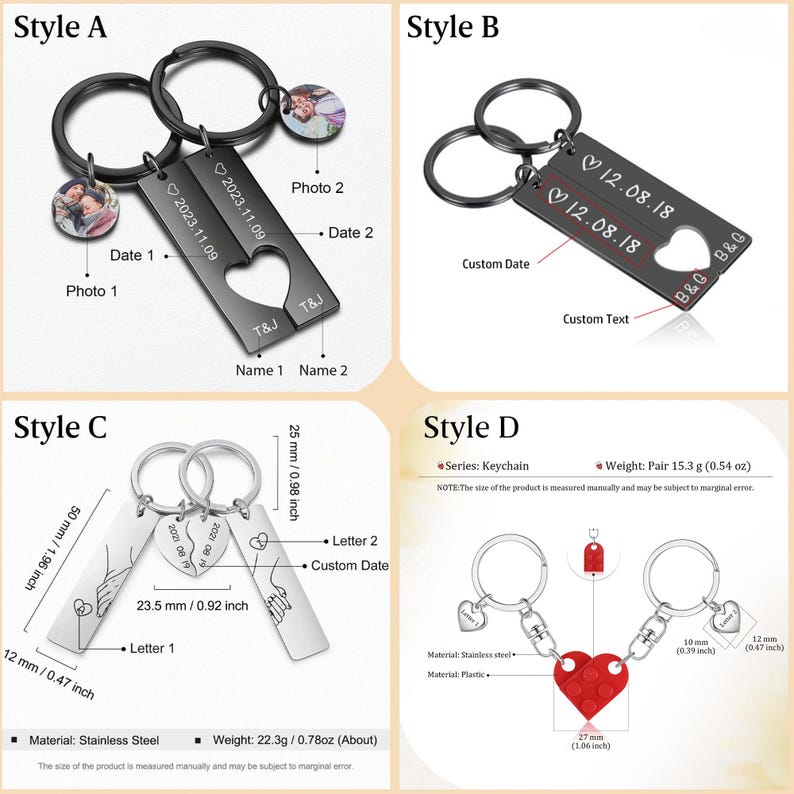 May include: Four different styles of keychains with customizable options. Each keychain features a heart shape, a date, and a name or initials. The keychains are made of stainless steel and come in a variety of colors.