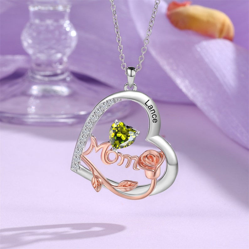 Custom Mom Heart Birthstone Necklace for Mothers Day Gits, Mom Necklace, Engraved 1-4 Names Heart Pendant Necklace,Family, Gifts for Her 1