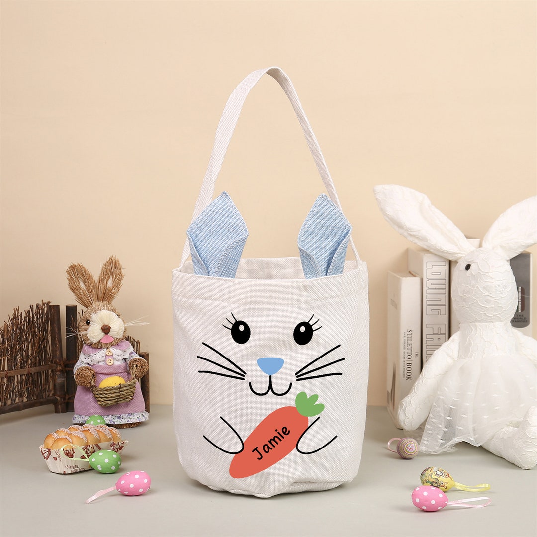 2 Pcs Easter Eggs Baskets For Kids,Canvas Personalized Easter Bunny Hunt Baskets Bucket Tote Gifts Bags With Rabbit Tail Girls Boys