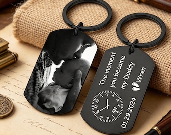 New Dad Keychain, The Moment You Became My Daddy Keychain Baby Shower Gifts for Dad Personalised Photo Gift for Him 1st Father's Day