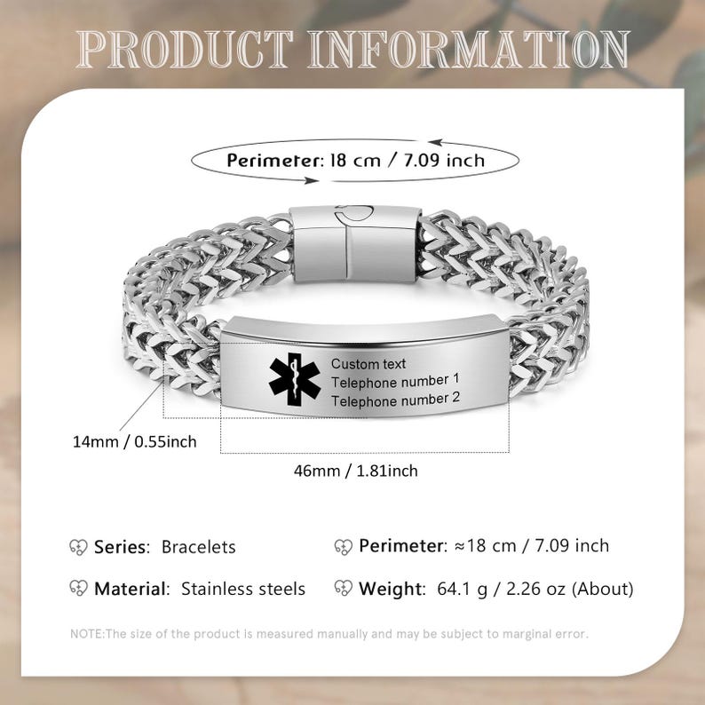 Stainless Steel Medical Alert Bracelet, Personalized Medical Bracelet with Engraving, ID & Medical Bracelets, Emergency Jewelry for Him image 2