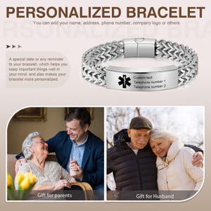 May include: A silver bracelet with a medical symbol charm and a personalized inscription. The inscription includes the text "Custom text", "Telephone number 1", and "Telephone number 2".