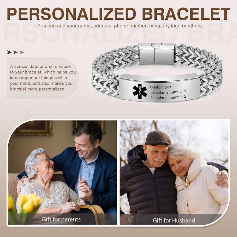 May include: A silver bracelet with a medical symbol charm and a personalized inscription. The inscription includes the text "Custom text", "Telephone number 1", and "Telephone number 2".