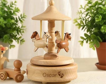 Personalized Carousels Music Box,Engraved Name Music Box,Musical Wooden Carousel Keepsake,Baby Shower Gift,New Born Gift, New Baby Gifts