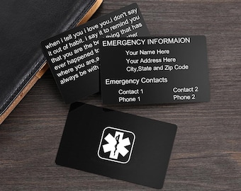 Custom Medical Wallet Insert, Medical ID Card, Stainless Steel Medical Alert ICE Card, Gifts for Diabetics, Engraved Emergency Contact Card