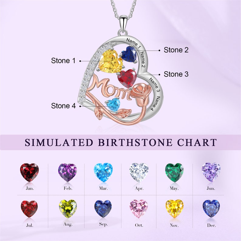 Custom Mom Heart Birthstone Necklace for Mothers Day Gits, Mom Necklace, Engraved 1-4 Names Heart Pendant Necklace,Family, Gifts for Her 4