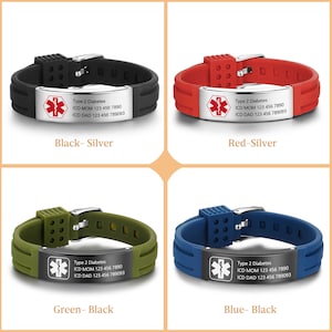 May include: Four silicone medical alert bracelets with different color combinations. Each bracelet has a silver metal plate with a red star of life symbol and the text "Type 2 Diabetes", "ICD MOM 123 456 7890", and "ICD DAD 123 456 789093". The bracelets are black and silver, red and silver, green and black, and blue and black.