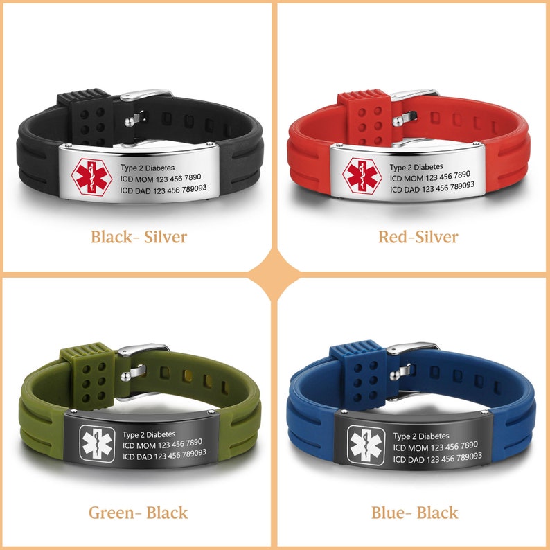May include: Four silicone medical alert bracelets with different color combinations. Each bracelet has a silver metal plate with a red star of life symbol and the text "Type 2 Diabetes", "ICD MOM 123 456 7890", and "ICD DAD 123 456 789093". The bracelets are black and silver, red and silver, green and black, and blue and black.
