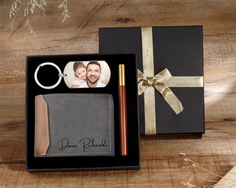 Personalized Mens Wallet & Keychain,Custom Engraved Photo Keychain and Leather Wallet Set, Gifts for Dad, Father's Day Gift