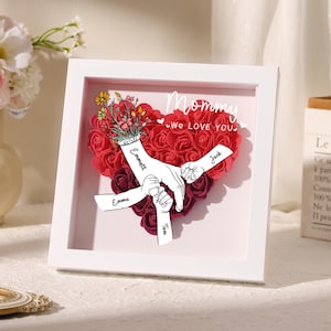 Personalized Roses Heart Shadow Box for Mother's Day Gift, Custom Flower Shadowbox with Names, Rose Frame Gift for Mom,Grandma Nana Birthday