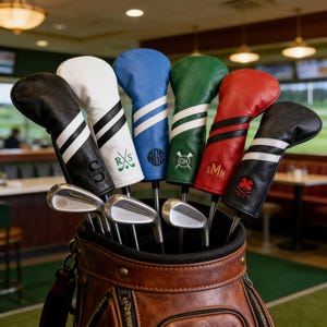 Può includere: Una sacca da golf in pelle marrone piena di mazze da golf. Le mazze hanno copri-testa colorati in nero, bianco, blu, verde e rosso. Ogni copritesta ha un design unico, tra cui strisce, iniziali e un trifoglio.