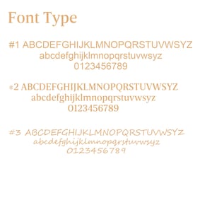 May include: A beige text chart titled Font Type displaying three distinct font styles labelled #1, #2, and #3. Each section includes uppercase letters A through Z, lowercase letters a through z, and the numbers 0 through 9 in a clean, sans-serif style.