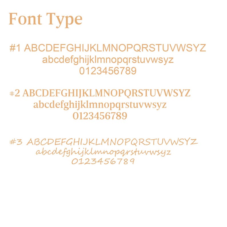 May include: A beige text chart titled Font Type displaying three distinct font styles labelled #1, #2, and #3. Each section includes uppercase letters A through Z, lowercase letters a through z, and the numbers 0 through 9 in a clean, sans-serif style.