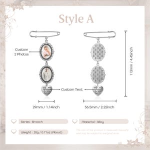 May include: A silver-toned brooch featuring two oval photo frames and a heart-shaped charm with the text 'you are always in my heart'. The brooch measures 113mm or 4.45 inches in total length, with a width of 29mm or 1.14 inches for the frames.