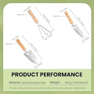 Pu&ograve; includere: Un set di tre attrezzi da giardinaggio con manici in legno e lame in acciaio inossidabile. Il set include una cazzuola, un rastrello a mano e una piccola pala. La cazzuola e la pala sono lunghe 28 cm. Il rastrello a mano &egrave; lungo 23,5 cm.