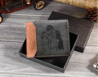 Personalized Mens Leather Wallet with Photo, Custom Engraved Wallet, Handmade Wallet, Laser Photo Wallet, Father's Day Gifts for Husband
