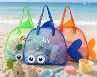Custom Embroidered Kids Beach Bag Mesh Fish Beach Tote Personalized Children's Beach Tote Bag Seashell Collection Toy Storage