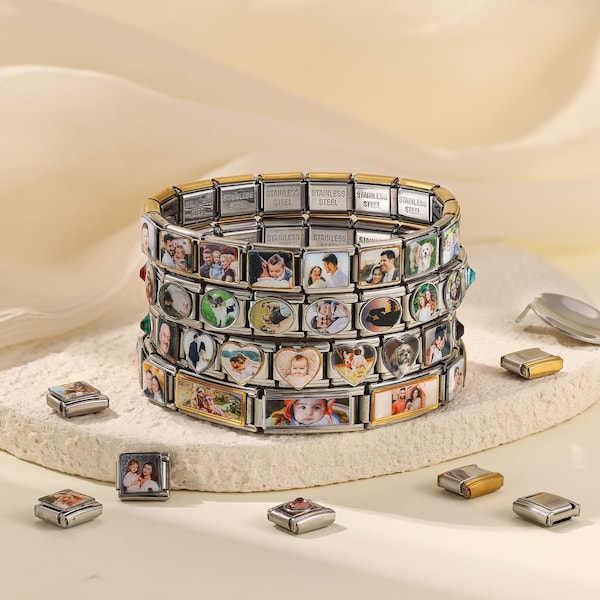 Personalized Photos Bracelet,Italian Bracelet with Photo Text Charm,Photo Memory Charm Link,DIY Gift Jewelry,Valentine's Day Gifts