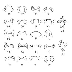 May include: A black and white line art chart displaying twenty-two distinct animal icons. The collection features twenty variations of dog ear shapes labelled 01 through 20, followed by a winged dog with a halo labelled 21 and a winged cat with a halo labelled 22.