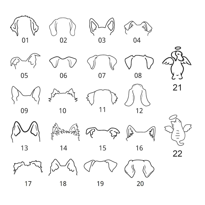 May include: A black and white line art chart displaying twenty-two distinct animal icons. The collection features twenty variations of dog ear shapes labelled 01 through 20, followed by a winged dog with a halo labelled 21 and a winged cat with a halo labelled 22.