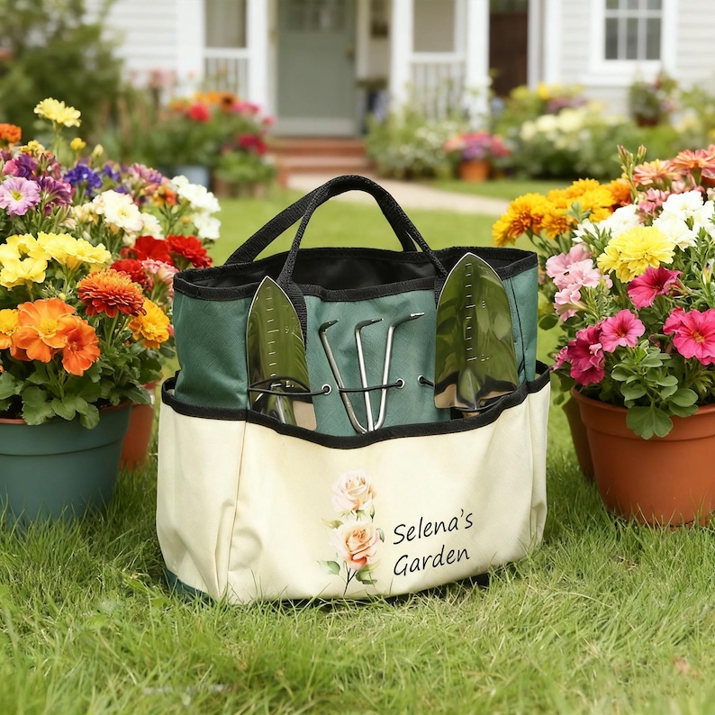 Pu&ograve; includere: Una borsa da giardinaggio verde e crema con manici neri, contenente attrezzi da giardinaggio. La borsa presenta un motivo floreale e il testo "Selena's Garden". Fiori in vaso circondano la borsa su un prato.