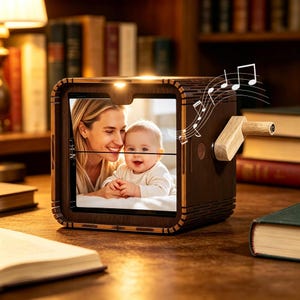 Puede incluir: Una caja de música de madera oscura con una foto de una madre y un bebé. La caja tiene una manivela y notas musicales encima. La caja es marrón con una luz desde arriba.