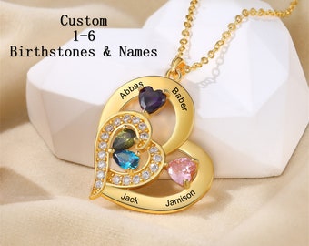 Custom Family Birthstone Necklace for Mothers Day Gits, Mom Necklace, Engraved 1-6 Names Heart Pendant Necklace,Necklace for Wife