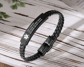 Custom Medical Alert Bracelet, Personalized Leather Rope Bracelet with Engraving, ID & Medical Bracelets, Emergency Jewelry For Men