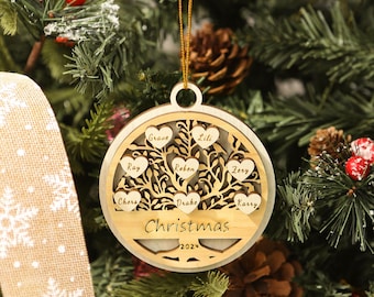 Gepersonaliseerde stamboomornament, gepersonaliseerd grootouderornament, aangepast familieornament, boomvorm, kerstcadeau, familieaandenken