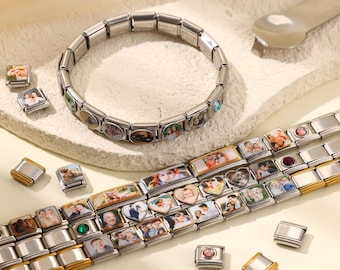 Custom Photos Italian Bracelet,Photo Memory Charm Link,Italian Bracelet with Photo Birthstone Text Charm,DIY Gift Jewelry, Anniversary Gifts