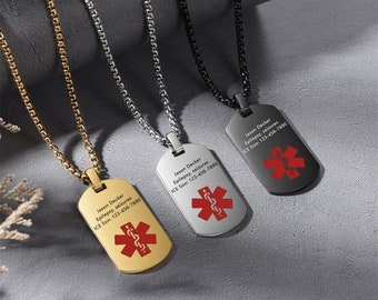 Collar de alerta médica personalizado, collar con grabado, collar de identificación y médico, joyería de emergencia para hombres