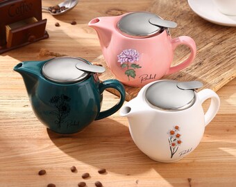 Personalized Ceramic Teapot with Birthday Flower and Name, Custom Floral Teapot Gift for Tea Lovers, Custom Retirement Gift for Women