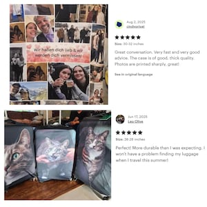 May include: Luggage covers with a cat face design. The covers are black with a gray cat face printed on them. The image also shows a collage of photos with text that reads "Wir haben dich lieb & wir werden dich vermissen!"