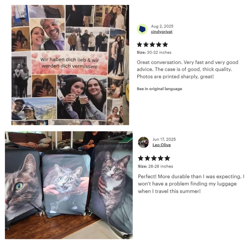 May include: Luggage covers with a cat face design. The covers are black with a gray cat face printed on them. The image also shows a collage of photos with text that reads "Wir haben dich lieb & wir werden dich vermissen!"
