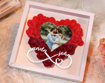 Personalized Roses Heart Shadow Box for Wedding, Custom Flower Shadowbox with Photo and Names, Rose Frame Gift for Wife