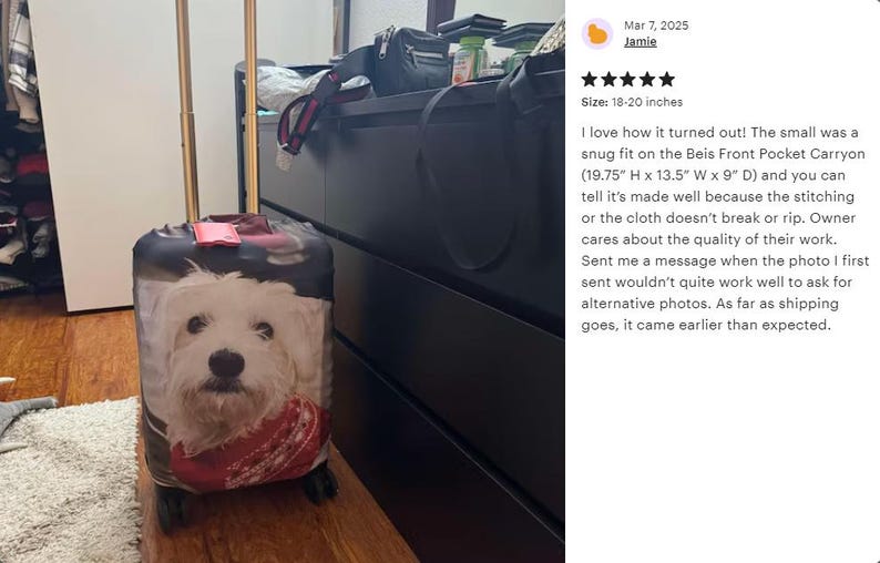 May include: A rolling suitcase with a gold handle and a large image of a white dog with a red bandana. The suitcase is black and has a tag on top. The size is 18-20 inches.