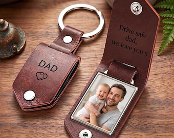 Personalized Leather Photo Keychain for Men, Drive Safe Gift for Dad From Baby, Custom Engraved Keyring, First Fathers Day Gift for Husband