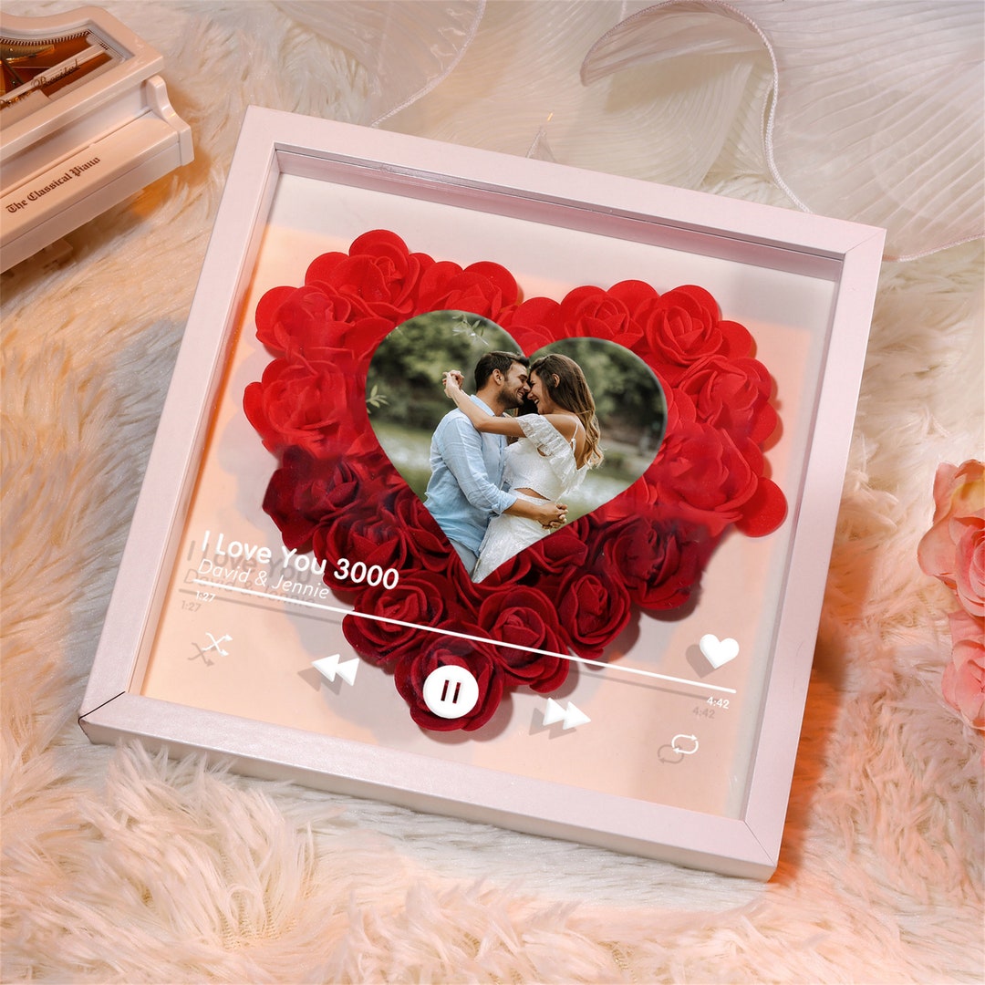 Custom Roses Heart Shadow Box for Wife, Personalized Flower Shadowbox ...
