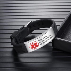 May include: Black silicone bracelet with a silver metal plate engraved with a red medical symbol and the text "Type 2 Diabetes, ICD MOM 123 456 7890, ICD DAD 123 456 78903".
