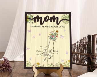 ersonalized Everything We Are Is Becuase Of You Mom Sign, Mother's Day Sign, Mom Kids Holding Hand Wooden Sign, Custom Name Floral Plaque