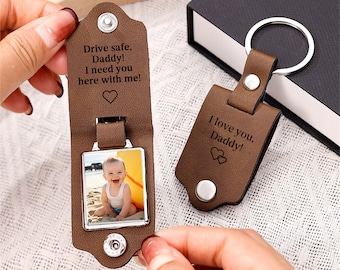 Aangepaste leren sleutelhanger met foto, gepersonaliseerde sleutelhanger voor vaderdagcadeaus, 1e vaderdag, nieuwe vader cadeaus, cadeaus voor opa vader