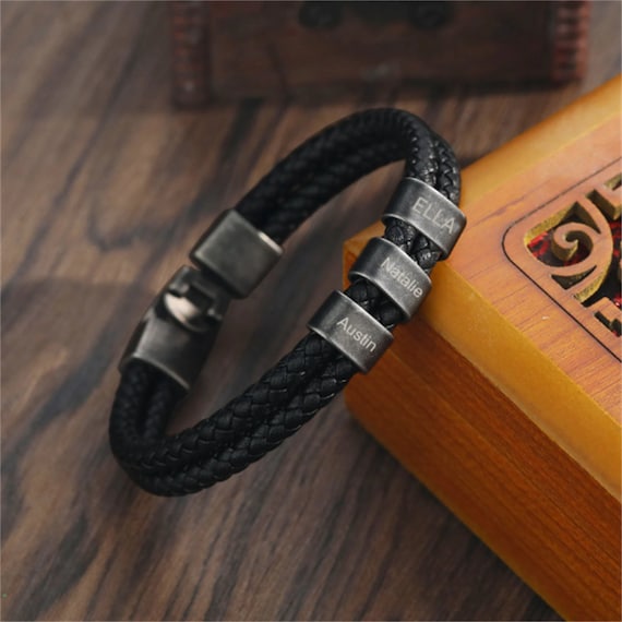 VNOX Personalized Name Bracelet For Men - Personalized Mens Women Black Braid Leather Bracelets With 2-8 Names Engraved In Custom Beads